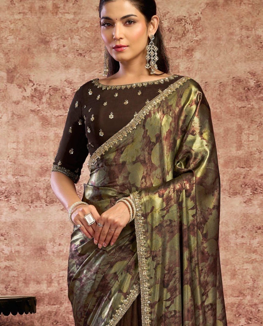 27016 - Designer Brown Embroidered Wedding Style Saree