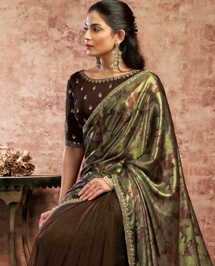 27016 - Designer Brown Embroidered Wedding Style Saree