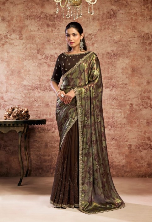 Designer Brown Embroidered Wedding Style Saree