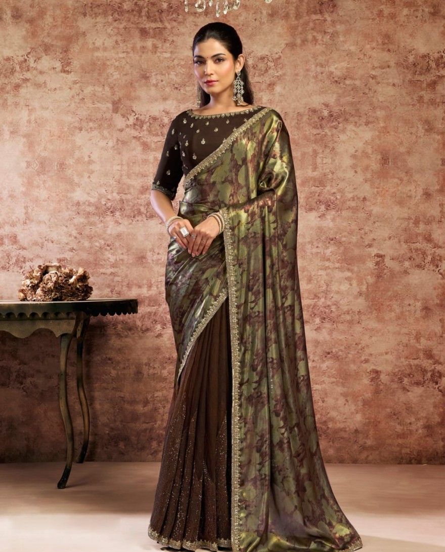 27016 - Designer Brown Embroidered Wedding Style Saree