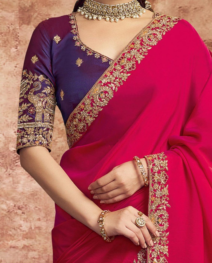 HOTPINK - Designer Hot Pink Embroidered Wedding Style Saree