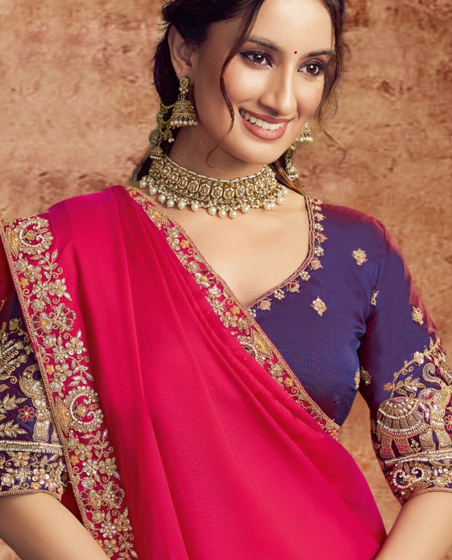 HOTPINK - Designer Hot Pink Embroidered Wedding Style Saree