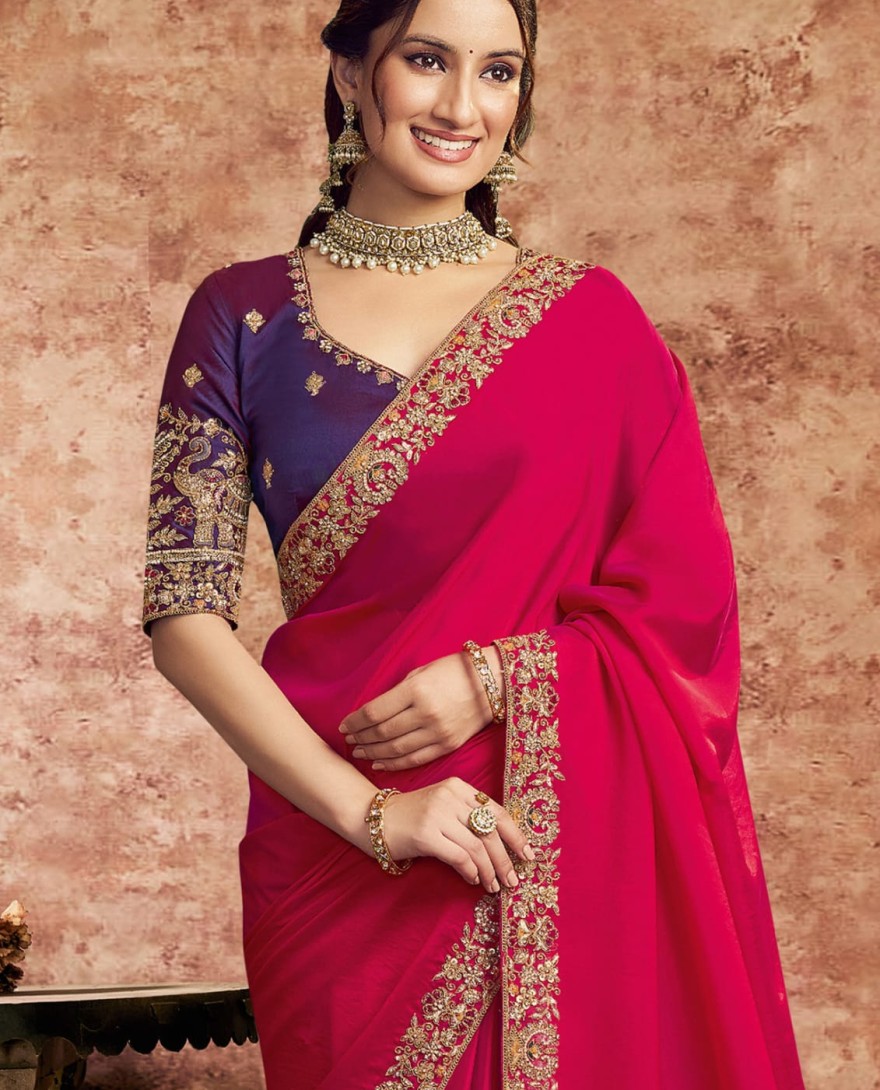HOTPINK - Designer Hot Pink Embroidered Wedding Style Saree