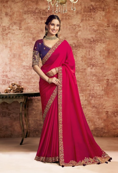 Designer Hot Pink Embroidered Wedding Style Saree