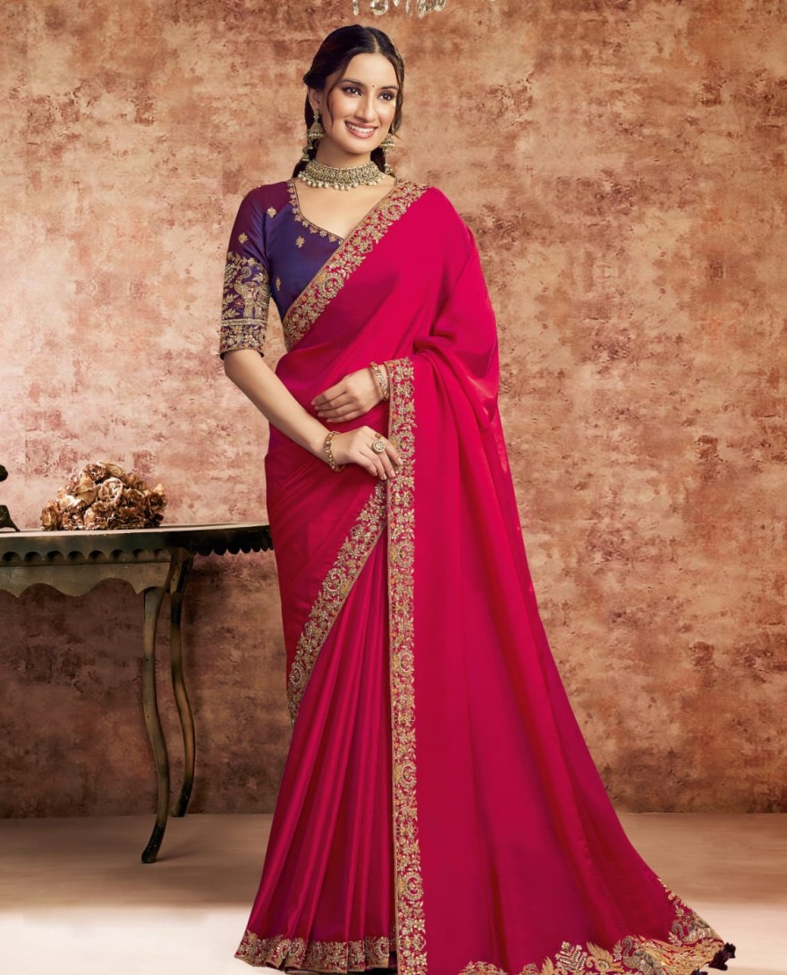 HOTPINK - Designer Hot Pink Embroidered Wedding Style Saree