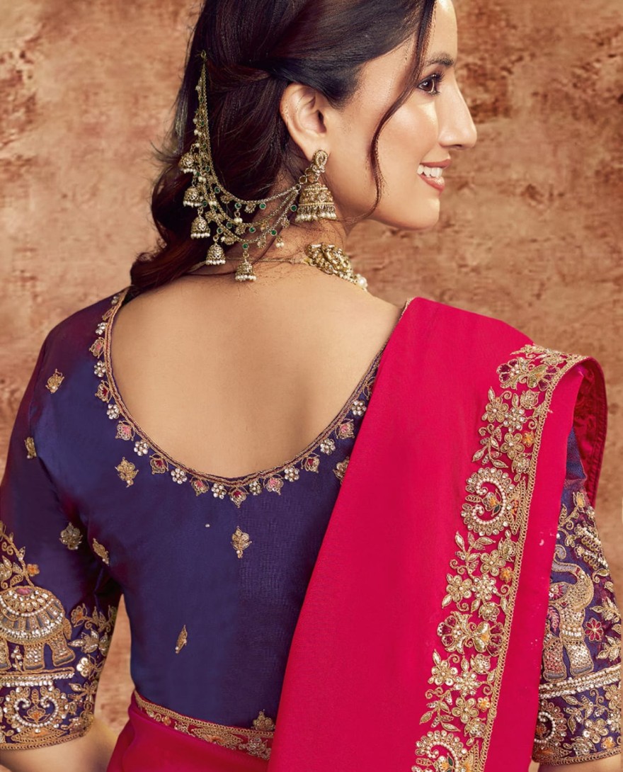 HOTPINK - Designer Hot Pink Embroidered Wedding Style Saree