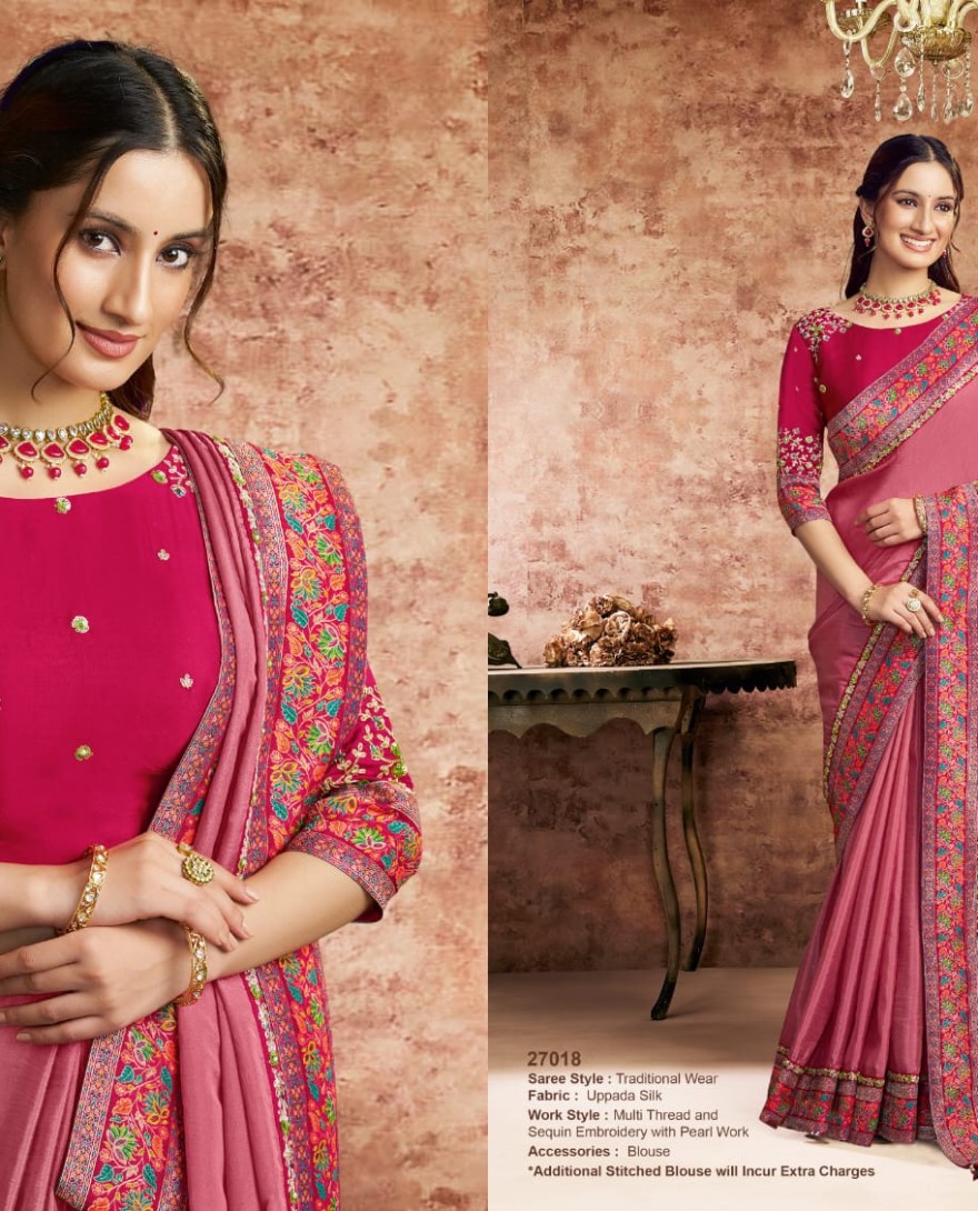 PINK - Designer Pink Embroidered Wedding Style Saree