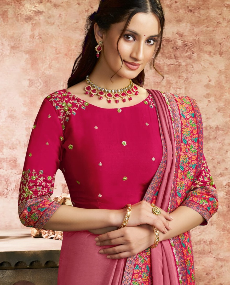 PINK - Designer Pink Embroidered Wedding Style Saree
