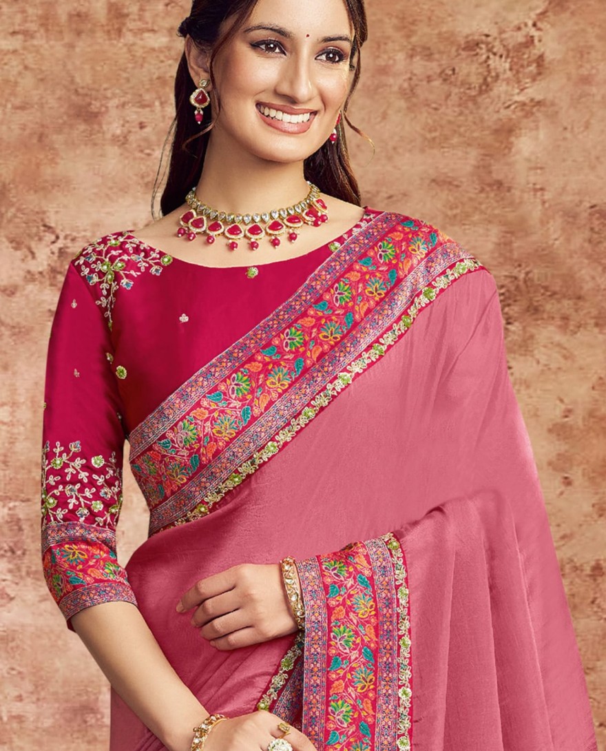 PINK - Designer Pink Embroidered Wedding Style Saree