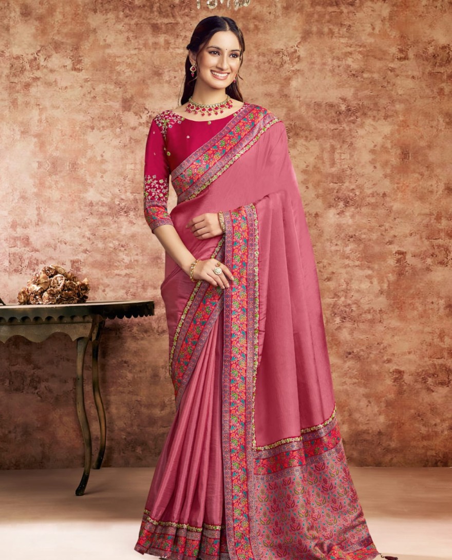 PINK - Designer Pink Embroidered Wedding Style Saree