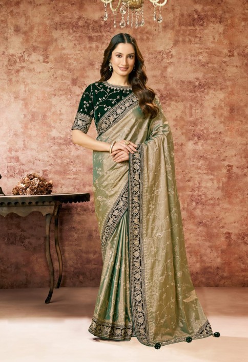 Designer Pista Embroidered Wedding Style Saree