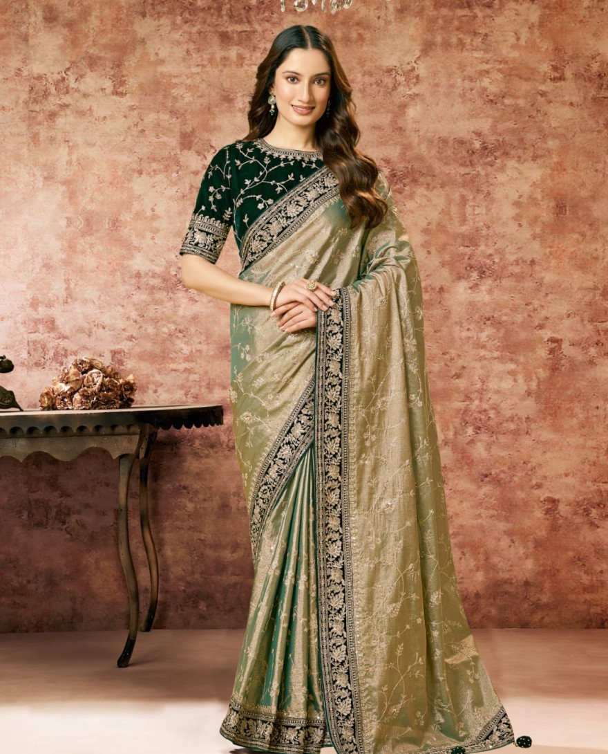 PISTA - Designer Pista Embroidered Wedding Style Saree