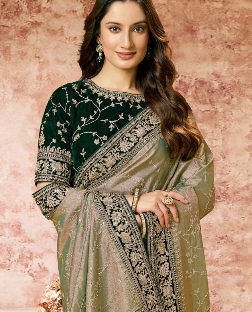 PISTA - Designer Pista Embroidered Wedding Style Saree