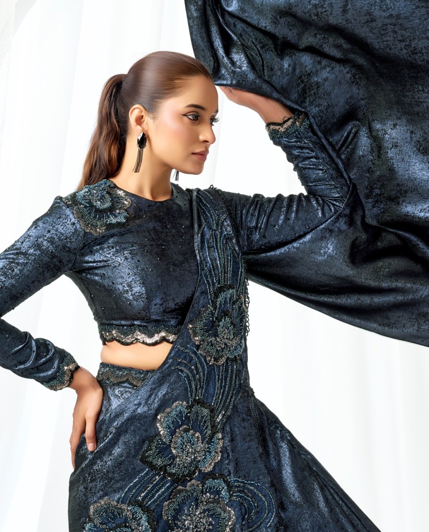 BLUE - Beads, Cut Dana, Embroidered and Sequins Work Satin Silk Contemporary Saree In Blue Colour