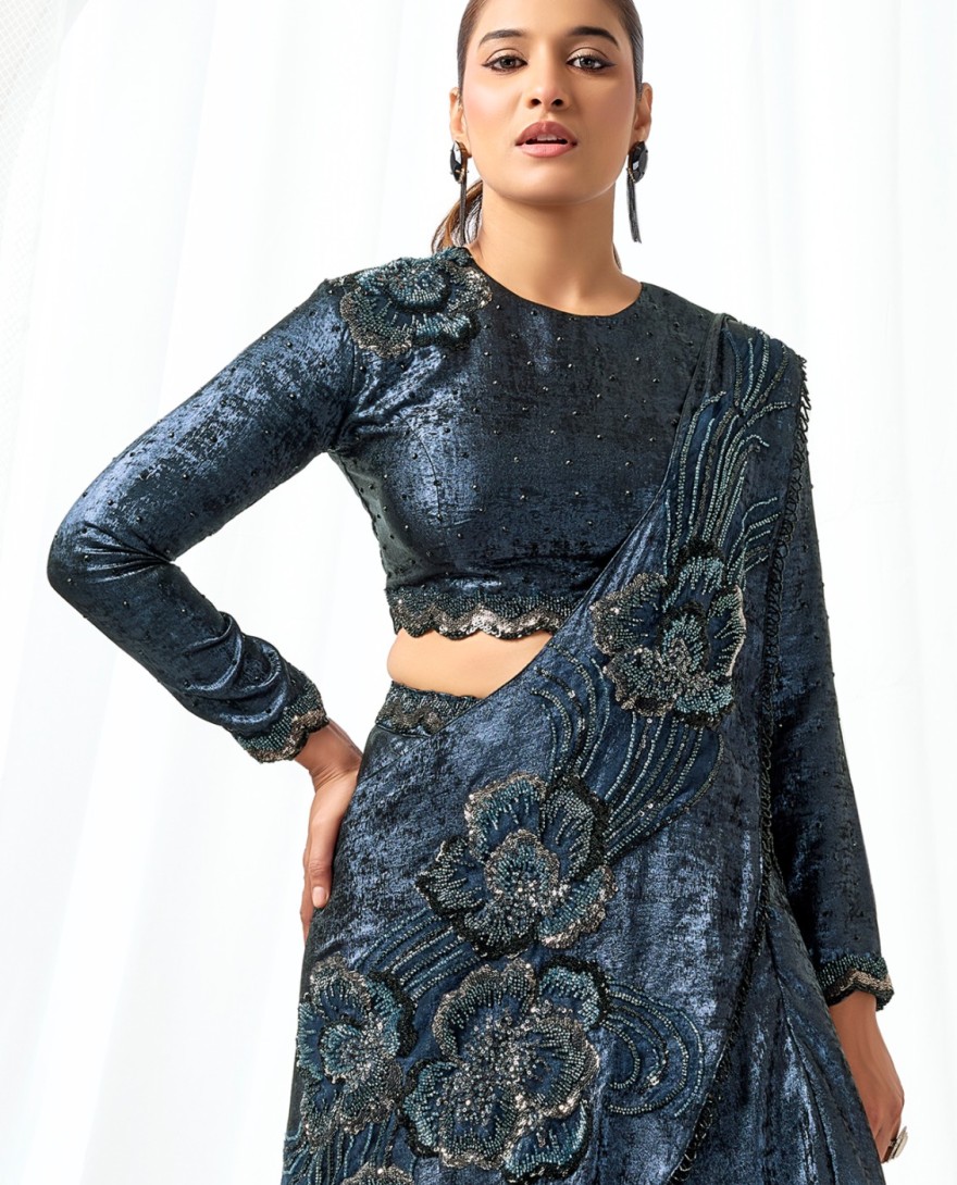 BLUE - Beads, Cut Dana, Embroidered and Sequins Work Satin Silk Contemporary Saree In Blue Colour