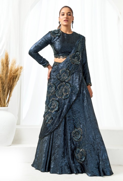 Beads, Cut Dana, Embroidered and Sequins Work Satin Silk Contemporary Saree In Blue Colour