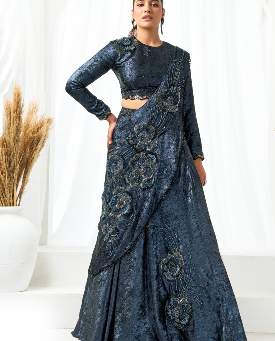 BLUE - Beads, Cut Dana, Embroidered and Sequins Work Satin Silk Contemporary Saree In Blue Colour
