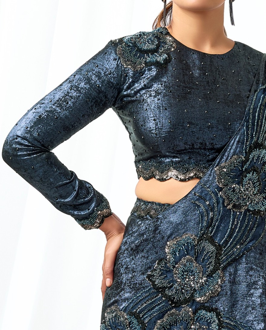 BLUE - Beads, Cut Dana, Embroidered and Sequins Work Satin Silk Contemporary Saree In Blue Colour