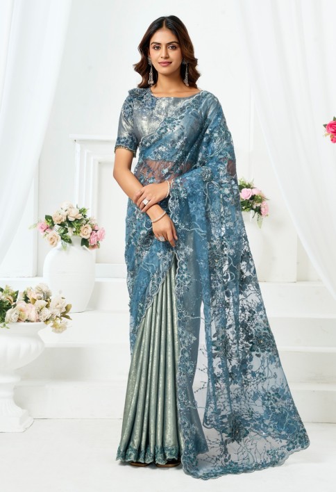 Metallic Grey and Teal Blue Designer Embroidered Shimmer Organza Saree