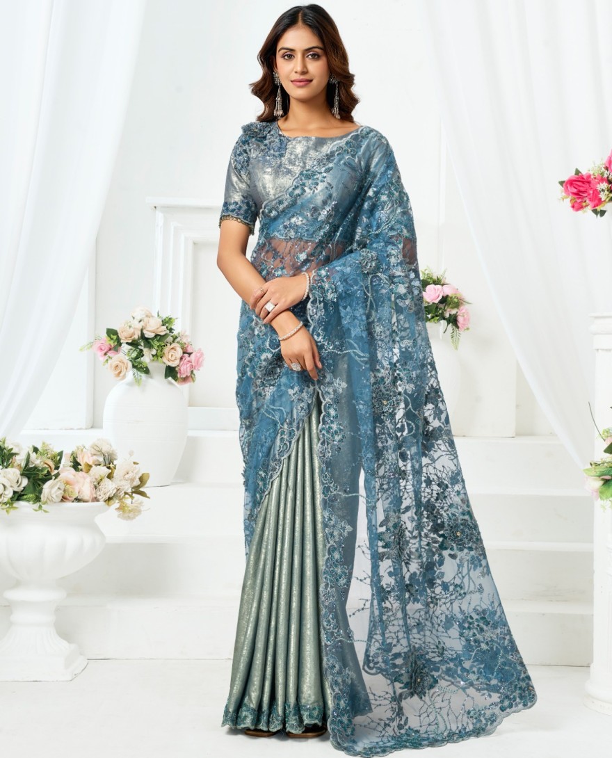 BLUE - Metallic Grey and Teal Blue Designer Embroidered Shimmer Organza Saree