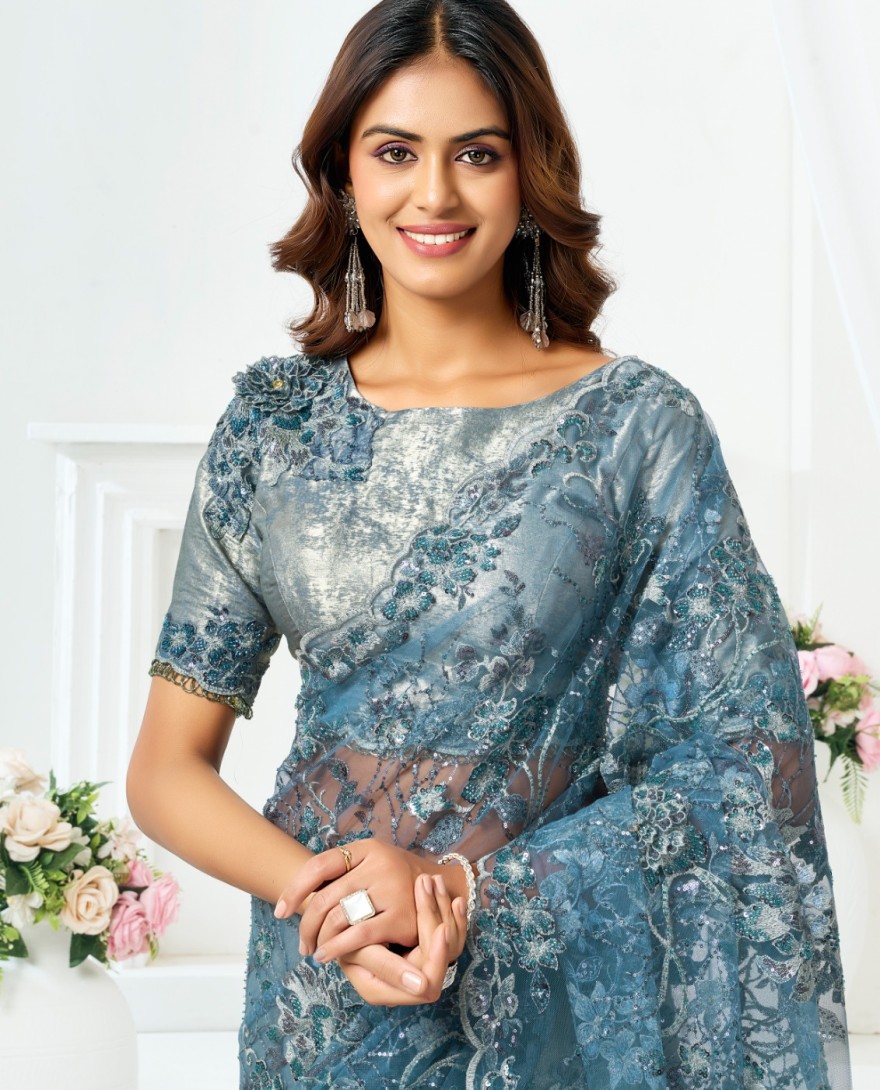 BLUE - Metallic Grey and Teal Blue Designer Embroidered Shimmer Organza Saree