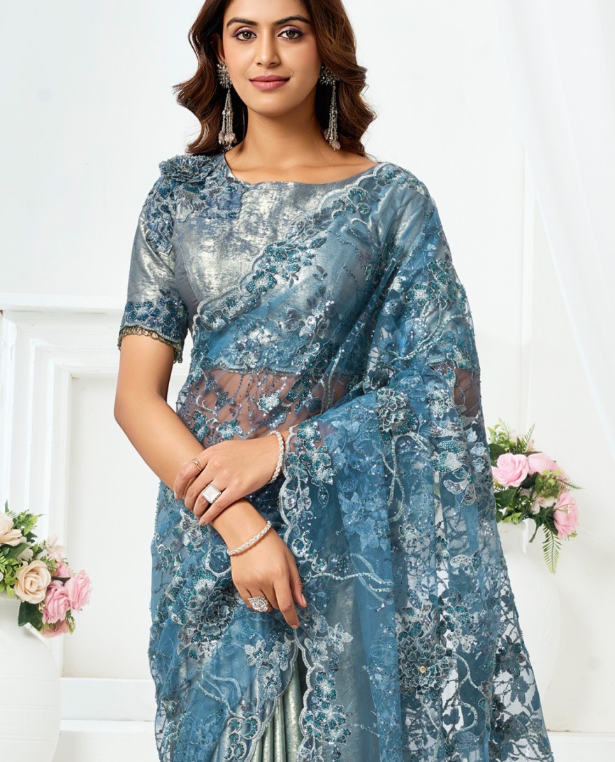 BLUE - Metallic Grey and Teal Blue Designer Embroidered Shimmer Organza Saree