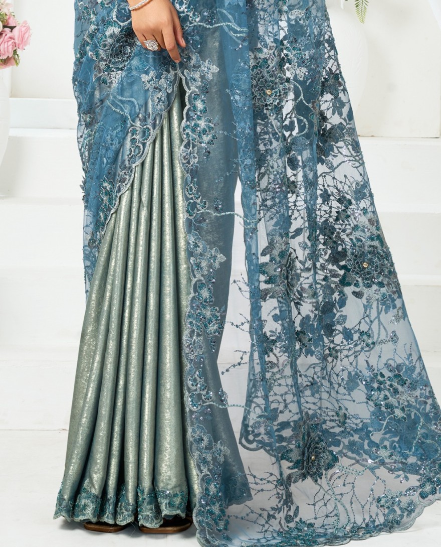 BLUE - Metallic Grey and Teal Blue Designer Embroidered Shimmer Organza Saree