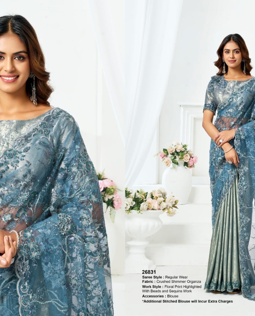 BLUE - Metallic Grey and Teal Blue Designer Embroidered Shimmer Organza Saree