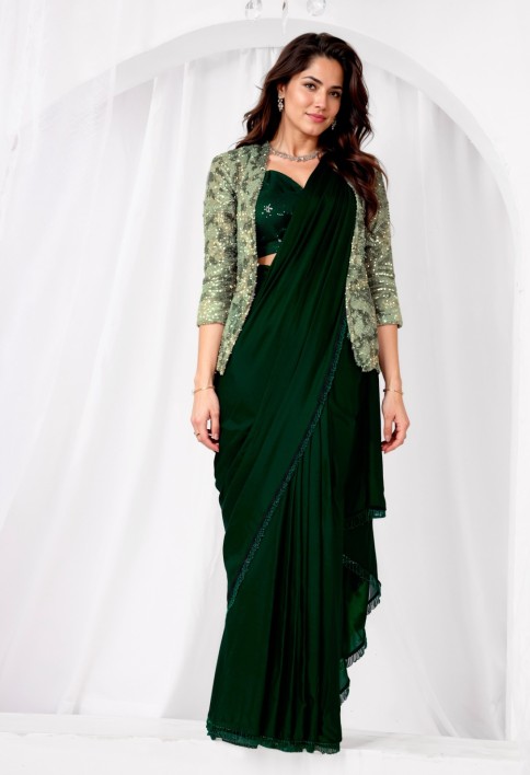Beads, Cut Dana, Embroidered and Sequins Work Satin Silk Classic Saree In Green for Engagement