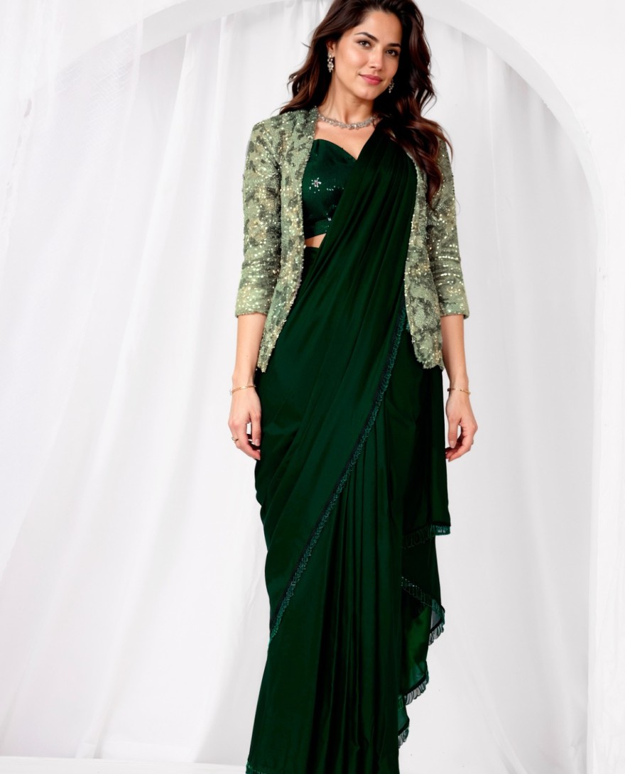 GREEN - Beads, Cut Dana, Embroidered and Sequins Work Satin Silk Classic Saree In Green for Engagement