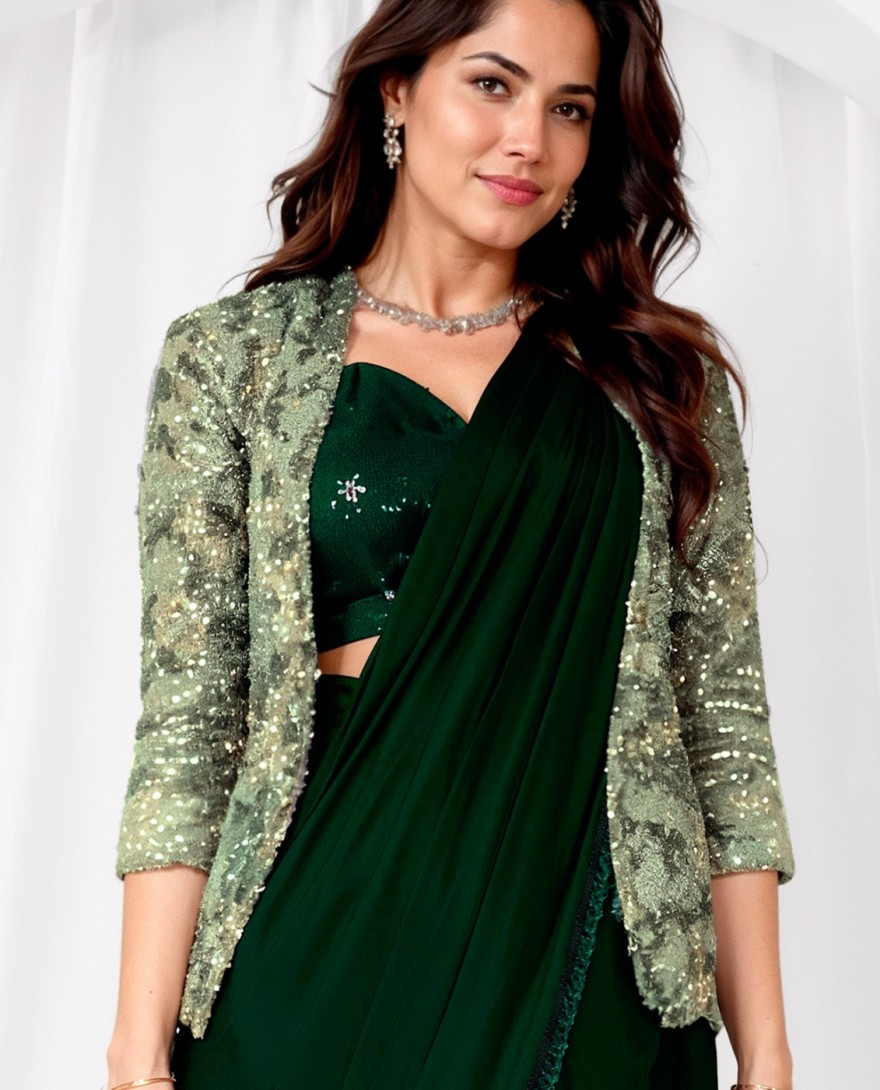 GREEN - Beads, Cut Dana, Embroidered and Sequins Work Satin Silk Classic Saree In Green for Engagement