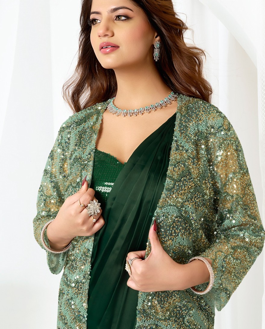 GREEN - Beads, Cut Dana, Embroidered and Sequins Work Satin Silk Classic Saree In Green for Engagement