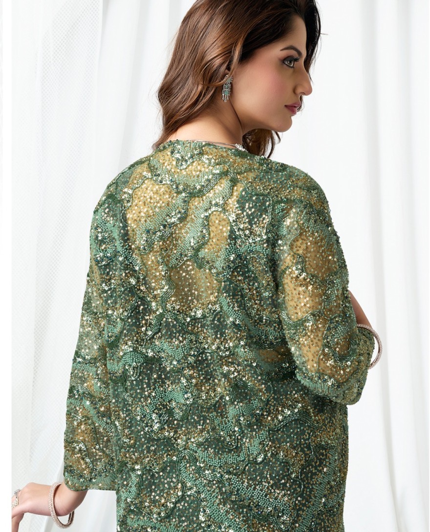 GREEN - Beads, Cut Dana, Embroidered and Sequins Work Satin Silk Classic Saree In Green for Engagement