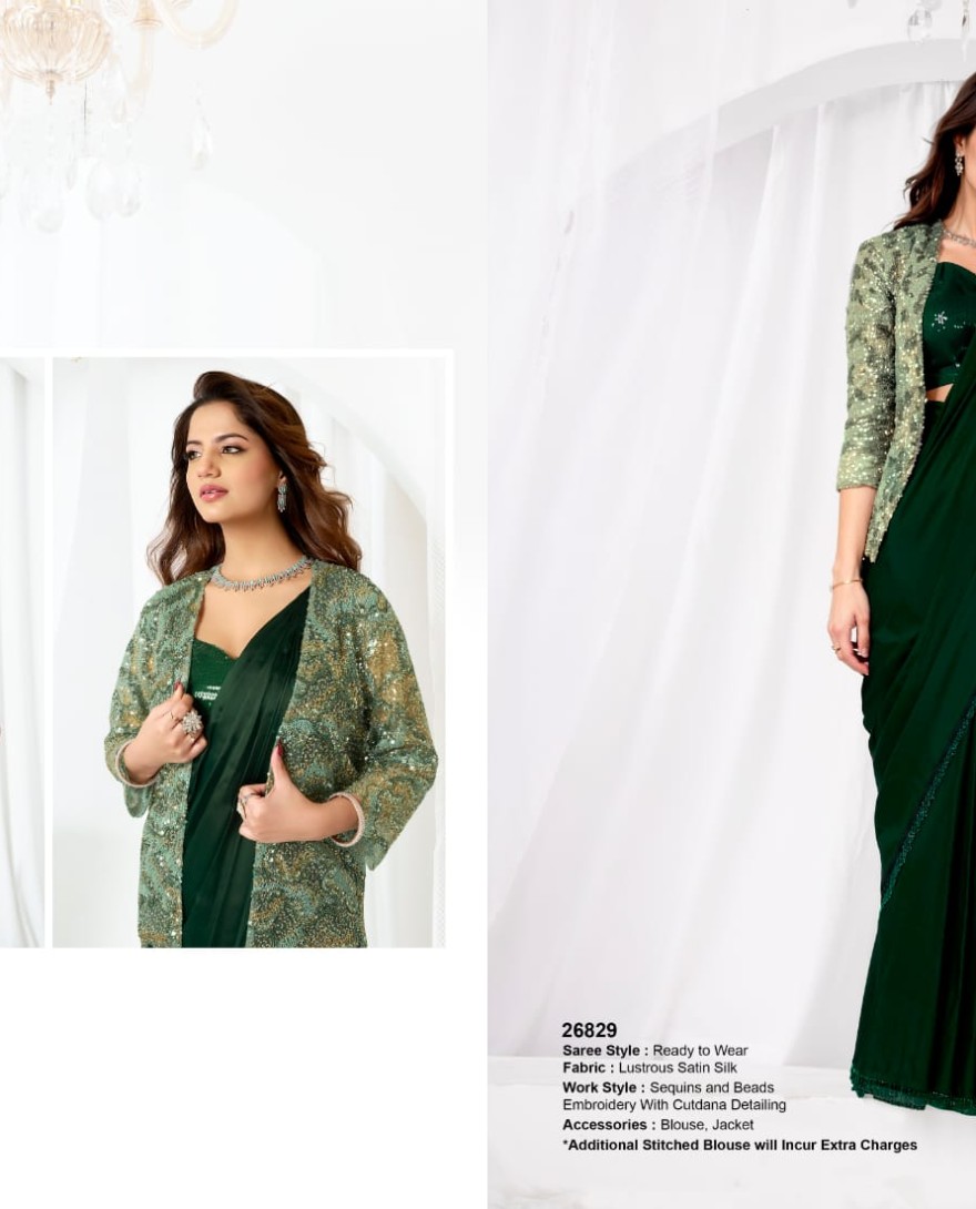 GREEN - Beads, Cut Dana, Embroidered and Sequins Work Satin Silk Classic Saree In Green for Engagement