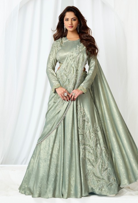 Unique Green Satin Silk Traditional Saree with Beads, Cut Dana, Embroidered and Sequins Work