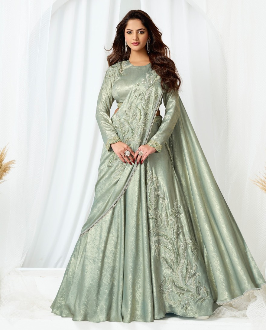 GREEN - Unique Green Satin Silk Traditional Saree with Beads, Cut Dana, Embroidered and Sequins Work