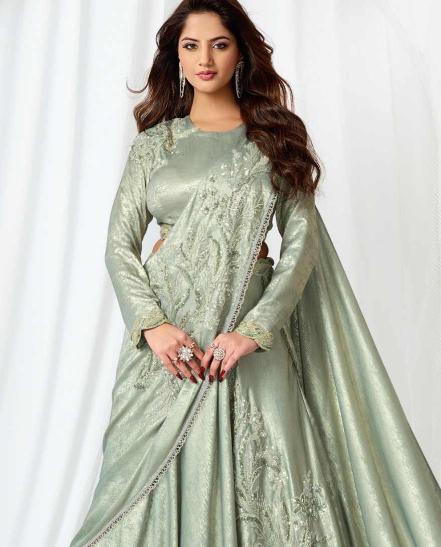 GREEN - Unique Green Satin Silk Traditional Saree with Beads, Cut Dana, Embroidered and Sequins Work