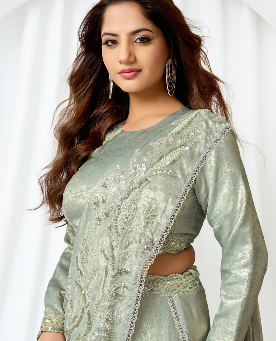 GREEN - Unique Green Satin Silk Traditional Saree with Beads, Cut Dana, Embroidered and Sequins Work