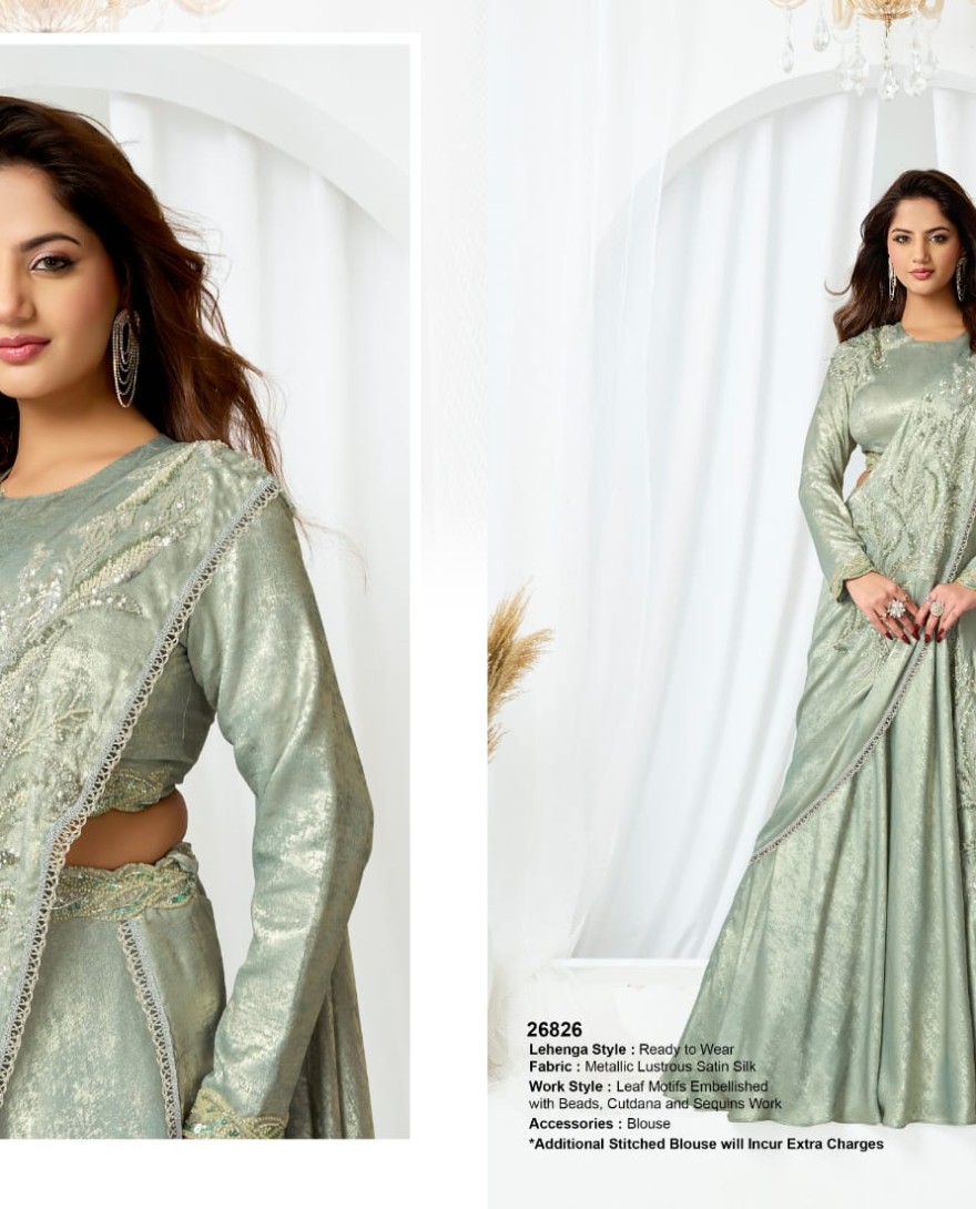 GREEN - Unique Green Satin Silk Traditional Saree with Beads, Cut Dana, Embroidered and Sequins Work