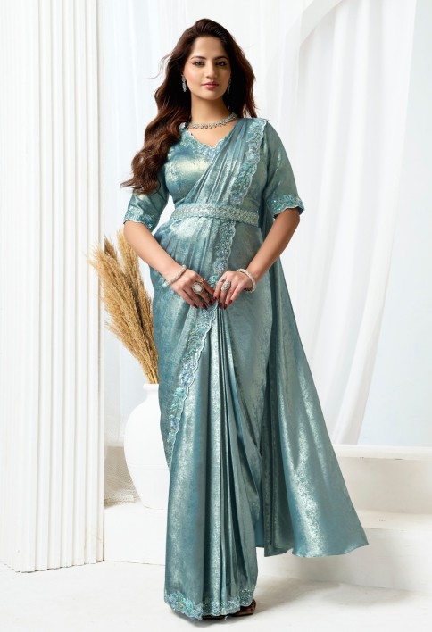 Grey Satin Silk Classic Sari with Beads, Embroidered and Sequins Work