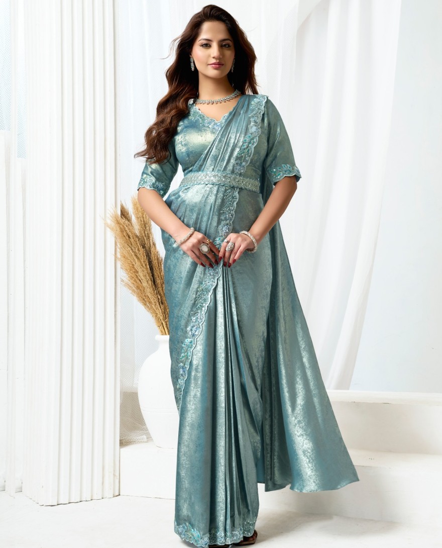 GREY - Grey Satin Silk Classic Sari with Beads, Embroidered and Sequins Work
