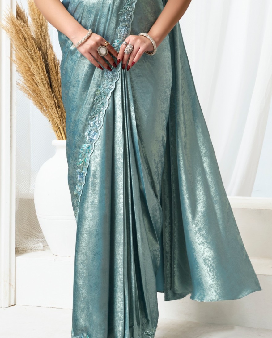 GREY - Grey Satin Silk Classic Sari with Beads, Embroidered and Sequins Work