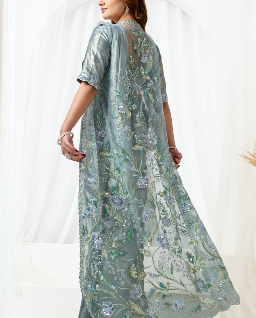 GREY - Grey Satin Silk Classic Sari with Beads, Embroidered and Sequins Work