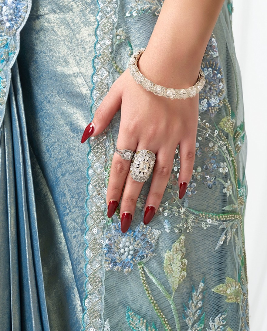 GREY - Grey Satin Silk Classic Sari with Beads, Embroidered and Sequins Work