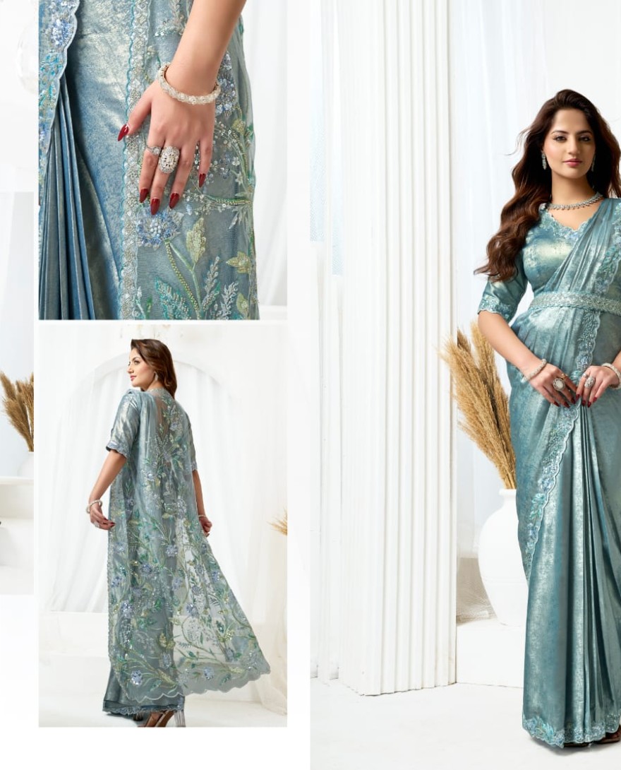 GREY - Grey Satin Silk Classic Sari with Beads, Embroidered and Sequins Work