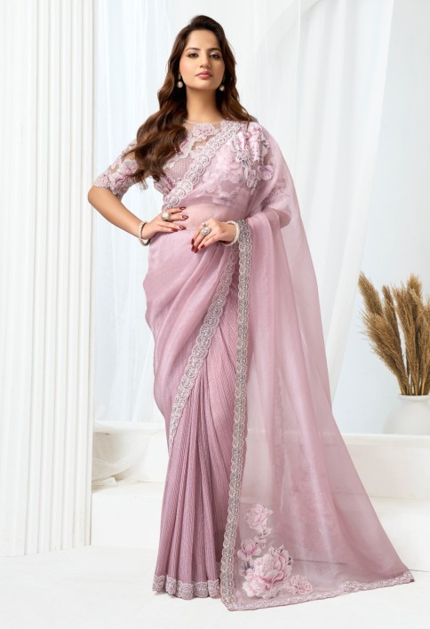 Pink Organza Beads, Embroidered, Floral Patch and Sequins Work Traditional Saree for Engagement