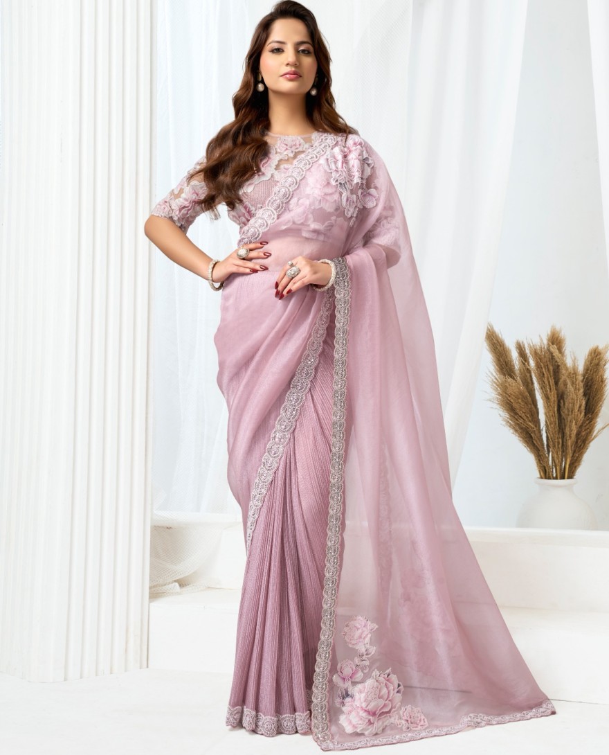 PINK - Pink Organza Beads, Embroidered, Floral Patch and Sequins Work Traditional Saree for Engagement