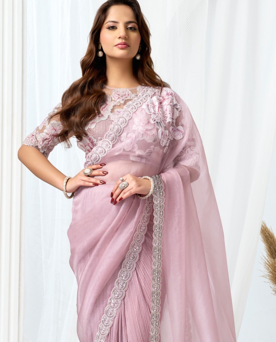 PINK - Pink Organza Beads, Embroidered, Floral Patch and Sequins Work Traditional Saree for Engagement