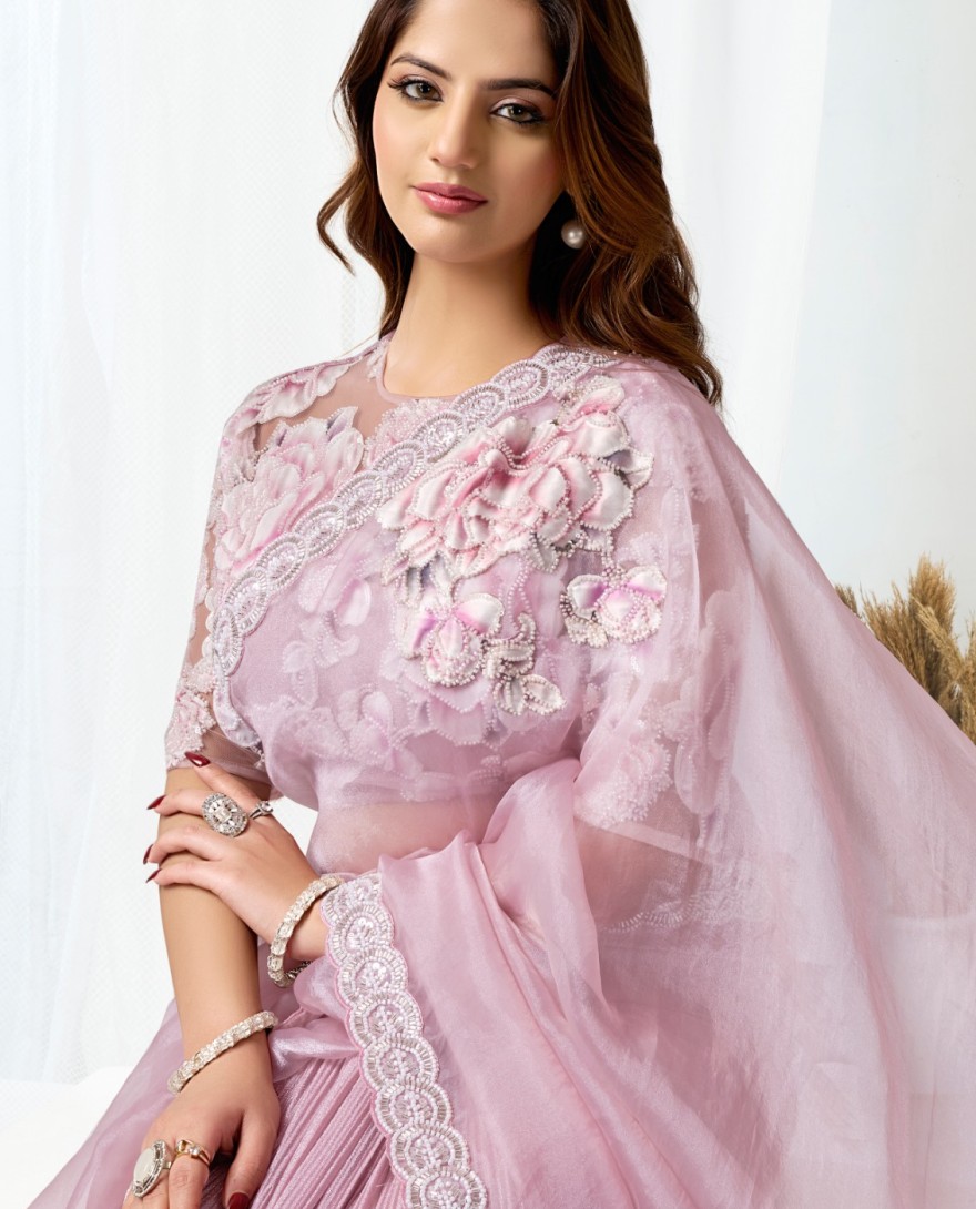 PINK - Pink Organza Beads, Embroidered, Floral Patch and Sequins Work Traditional Saree for Engagement