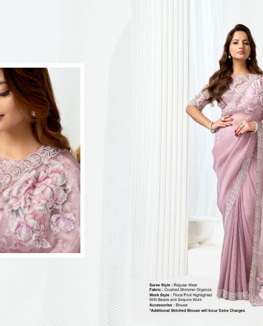 PINK - Pink Organza Beads, Embroidered, Floral Patch and Sequins Work Traditional Saree for Engagement